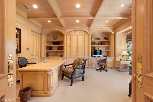 4537 Ellenboro Way, Woodland Hills, CA 91364 - office area featuring built in study area, crown molding, light colored carpet, coffered ceiling, and built in shelves