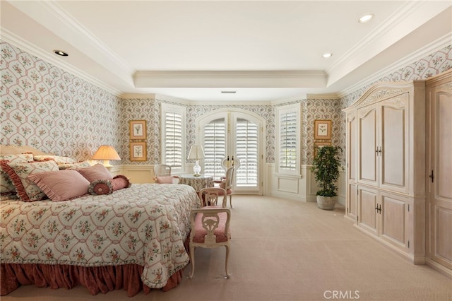 4537 Ellenboro Way, Woodland Hills, CA 91364 - bedroom with wallpapered walls, access to outside, a decorative wall, crown molding, and wainscoting