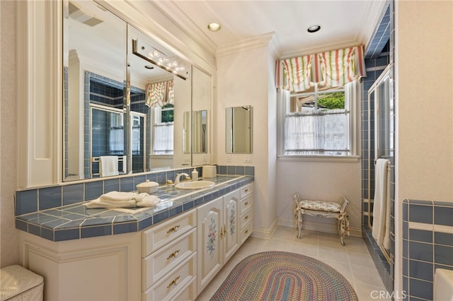 4537 Ellenboro Way, Woodland Hills, CA 91364 - full bathroom with crown molding, vanity, tile patterned flooring, a shower, and baseboards