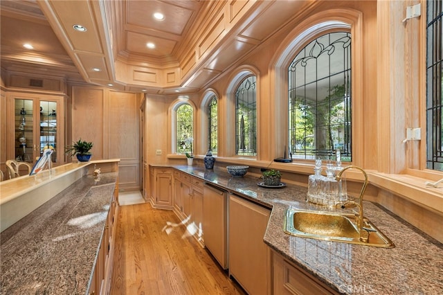 4537 Ellenboro Way, Woodland Hills, CA 91364 - bar with a sink, crown molding, recessed lighting, coffered ceiling, and light wood finished floors