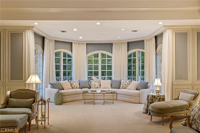 4537 Ellenboro Way, Woodland Hills, CA 91364 - carpeted living area featuring ornamental molding, recessed lighting, and a decorative wall