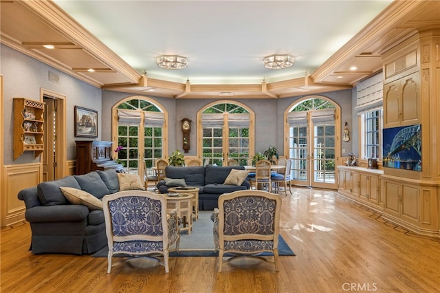 4537 Ellenboro Way, Woodland Hills, CA 91364 - living area with french doors, light wood-style flooring, recessed lighting, and ornamental molding