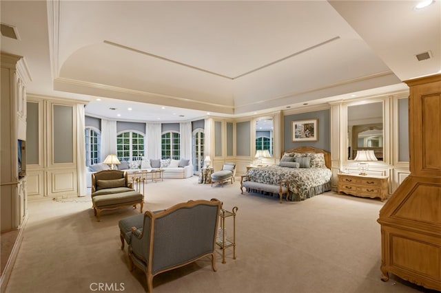 4537 Ellenboro Way, Woodland Hills, CA 91364 - bedroom with a decorative wall, light carpet, crown molding, a tray ceiling, and recessed lighting
