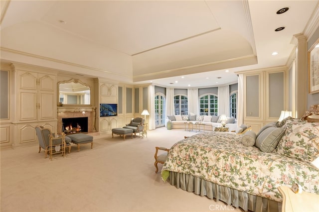 4537 Ellenboro Way, Woodland Hills, CA 91364 - bedroom featuring a decorative wall, carpet floors, a fireplace, a raised ceiling, and ornamental molding