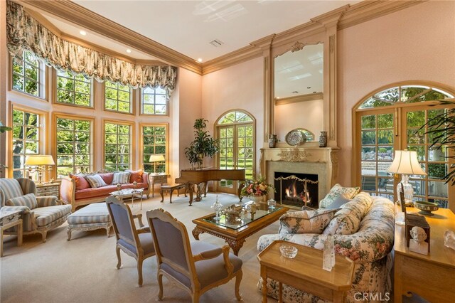 4537 Ellenboro Way, Woodland Hills, CA 91364 - living room featuring a towering ceiling, ornamental molding, a high end fireplace, carpet, and recessed lighting