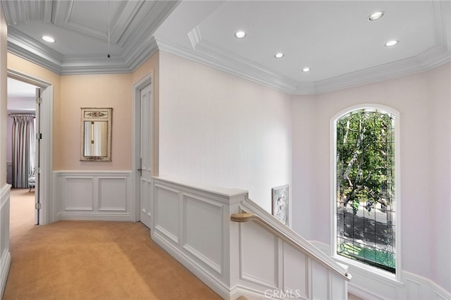 4537 Ellenboro Way, Woodland Hills, CA 91364 - hall with a decorative wall, light carpet, recessed lighting, crown molding, and attic access