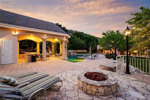 4537 Ellenboro Way, Woodland Hills, CA 91364 - view of patio featuring an outdoor fire pit and a pool with connected hot tub