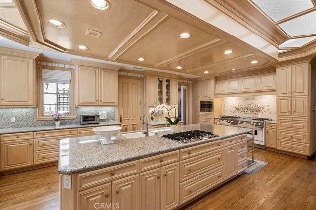 4537 Ellenboro Way, Woodland Hills, CA 91364 - kitchen with appliances with stainless steel finishes, a sink, a center island with sink, decorative backsplash, and light wood-type flooring