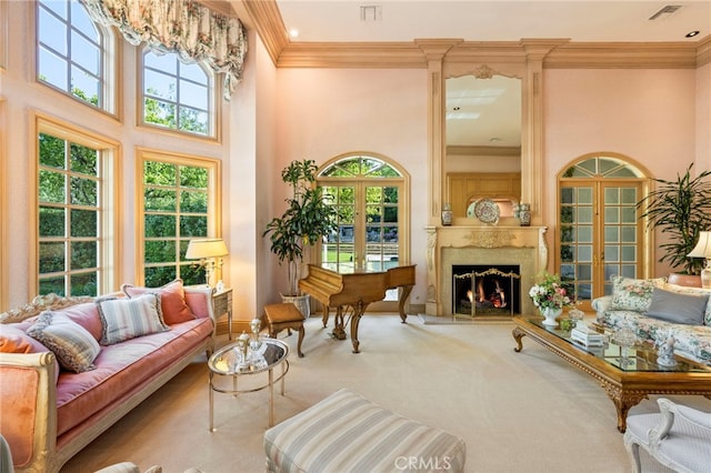 4537 Ellenboro Way, Woodland Hills, CA 91364 - living area featuring healthy amount of natural light, crown molding, carpet floors, a fireplace, and a high ceiling