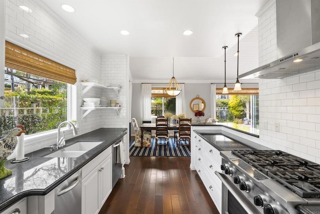 kitchen with wall chimney range hood, a wealth of natural light, dark wood finished floors, and a sink