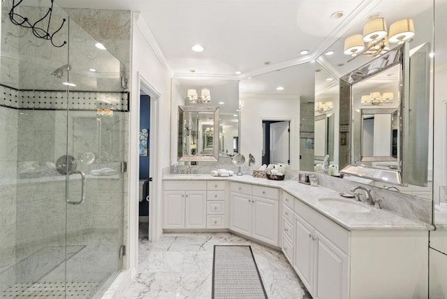 bathroom with marble finish floor, ornamental molding, recessed lighting, a stall shower, and an inviting chandelier