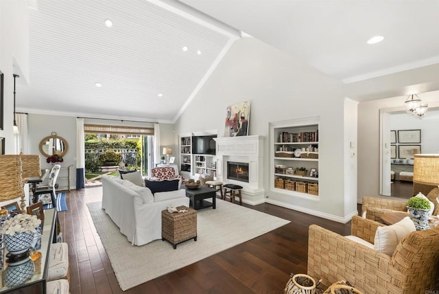 living room featuring crown molding, high vaulted ceiling, baseboards, dark wood-style floors, and a warm lit fireplace