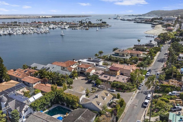 drone / aerial view featuring a water view