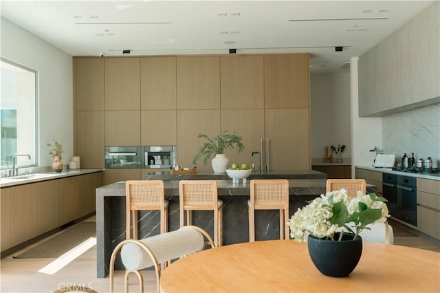 kitchen featuring modern cabinets, tasteful backsplash, and a sink