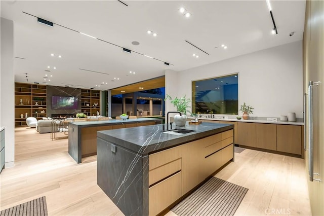 kitchen with open floor plan, a large island with sink, a sink, light wood-style floors, and modern cabinets