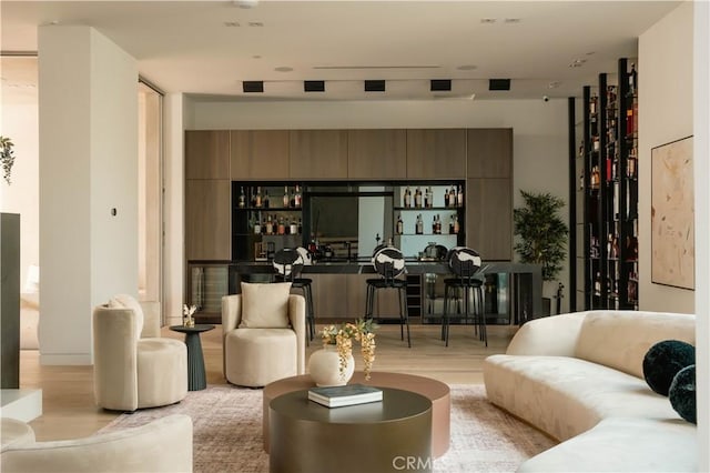 living room with wood finished floors and indoor wet bar