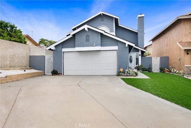 7801 Pinyon Ave, Fontana, CA 92336 - view of front of property with a gate, a front yard, concrete driveway, fence, and a garage