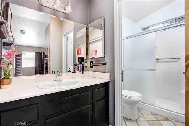 7801 Pinyon Ave, Fontana, CA 92336 - bathroom with a stall shower, visible vents, toilet, and vanity