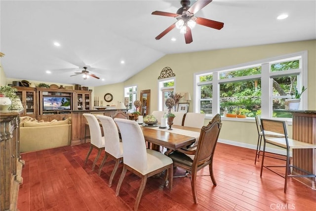 19903 E Rambling Rd, Covina, CA 91724 - dining area featuring ceiling fan, wood finished floors, vaulted ceiling, and recessed lighting