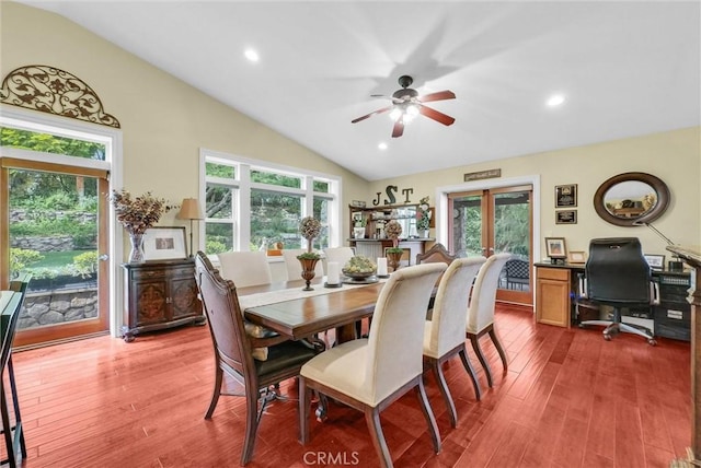 19903 E Rambling Rd, Covina, CA 91724 - dining room featuring vaulted ceiling, healthy amount of natural light, ceiling fan, dark wood finished floors, and recessed lighting