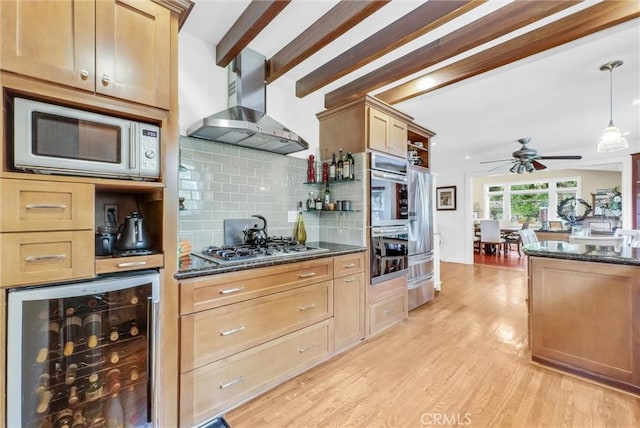 19903 E Rambling Rd, Covina, CA 91724 - kitchen with wine cooler, wall chimney range hood, stainless steel appliances, decorative backsplash, and a ceiling fan