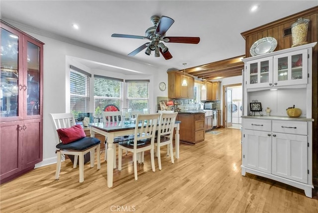 19903 E Rambling Rd, Covina, CA 91724 - dining room featuring ceiling fan, light wood-style flooring, recessed lighting, and crown molding