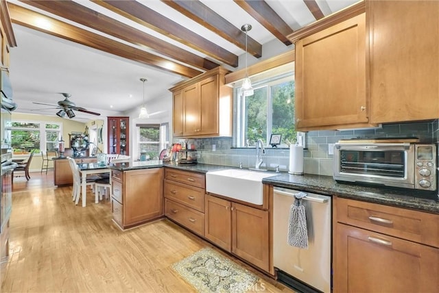 19903 E Rambling Rd, Covina, CA 91724 - kitchen with stainless steel dishwasher, a sink, a ceiling fan, healthy amount of natural light, and beam ceiling