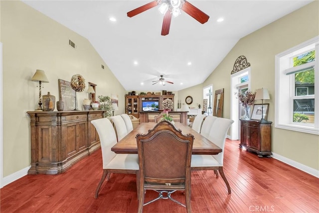 19903 E Rambling Rd, Covina, CA 91724 - dining space with a ceiling fan, lofted ceiling, wood finished floors, recessed lighting, and baseboards