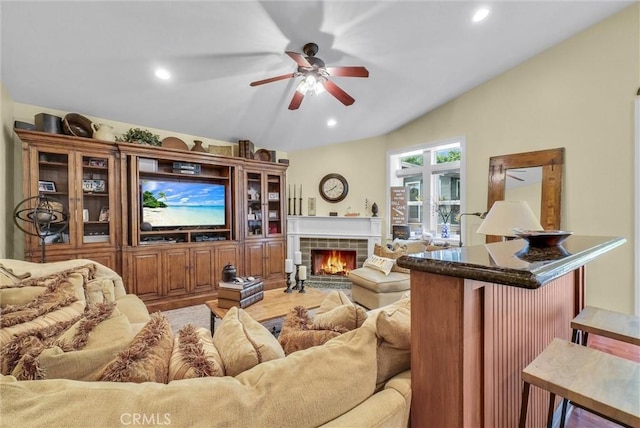 19903 E Rambling Rd, Covina, CA 91724 - living room featuring a ceiling fan, recessed lighting, and a fireplace