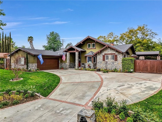 19903 E Rambling Rd, Covina, CA 91724 - craftsman-style home featuring stone siding, a garage, driveway, and a chimney