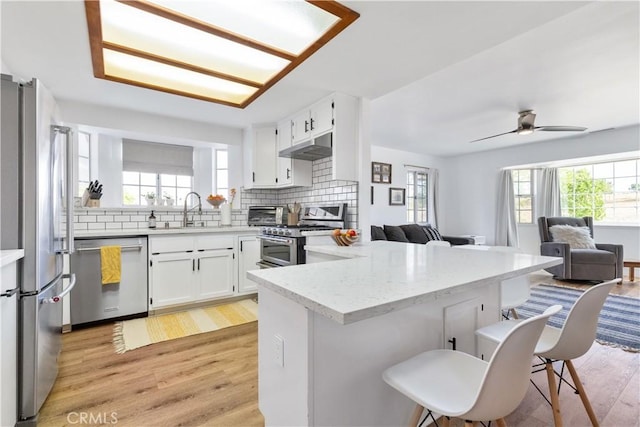 kitchen with appliances with stainless steel finishes, a sink, light wood-style floors, a peninsula, and open floor plan