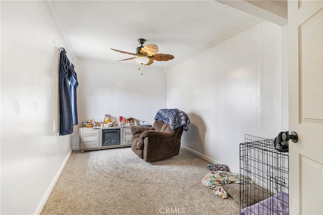 9714 San Benito Ave, Gerber, CA 96035 - living area with crown molding, baseboards, a ceiling fan, and carpet flooring