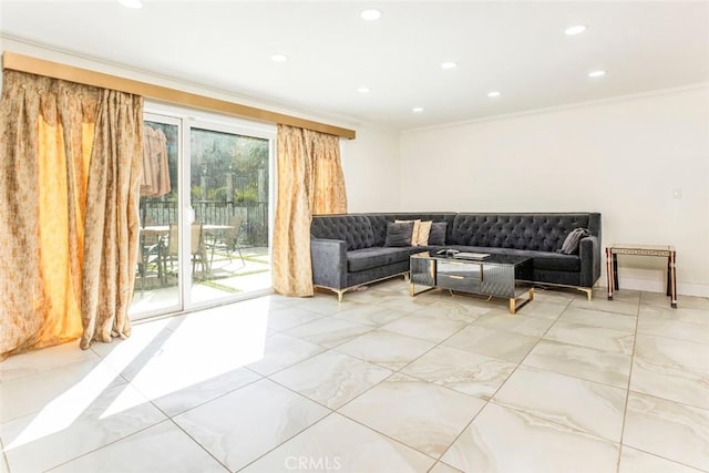 living area with recessed lighting and crown molding