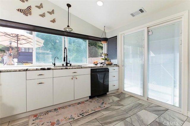 kitchen featuring vaulted ceiling, white cabinets, dishwasher, a sink, and visible vents