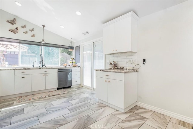 kitchen with recessed lighting, backsplash, white cabinetry, stainless steel dishwasher, and lofted ceiling