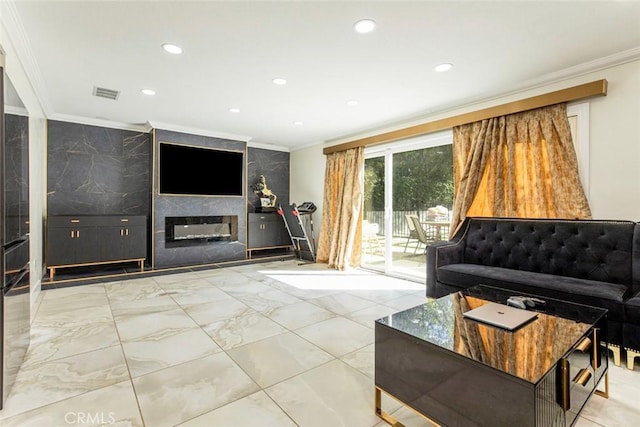 living area featuring visible vents, a glass covered fireplace, recessed lighting, ornamental molding, and marble finish floor