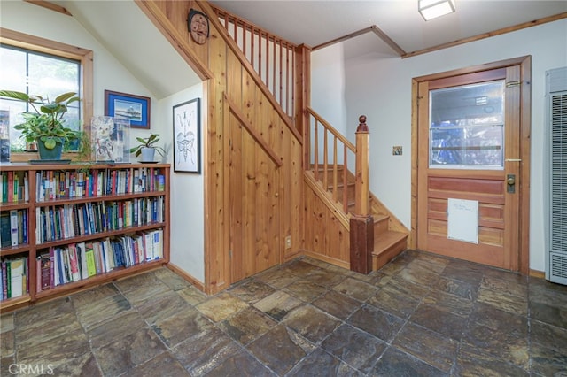 29 Bear Dr, Mt Baldy, CA 91759 - entrance foyer featuring stone tile floors, baseboards, and stairs