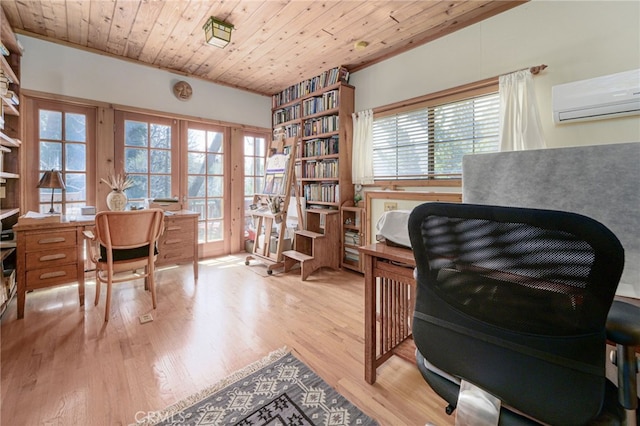 29 Bear Dr, Mt Baldy, CA 91759 - home office with wood ceiling, a wall unit AC, french doors, and wood finished floors