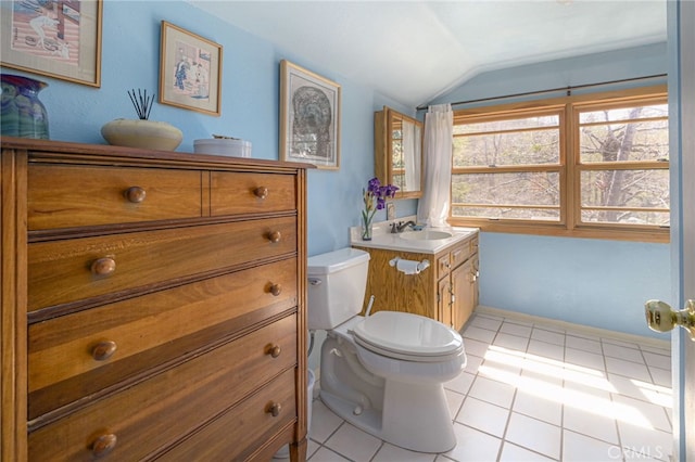 29 Bear Dr, Mt Baldy, CA 91759 - bathroom with toilet, vaulted ceiling, tile patterned flooring, and vanity