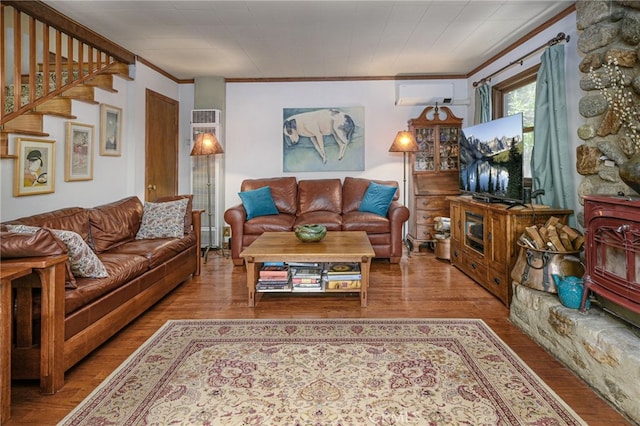 29 Bear Dr, Mt Baldy, CA 91759 - living room featuring a wall mounted AC, wood finished floors, and crown molding