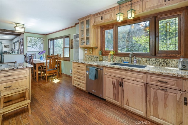 29 Bear Dr, Mt Baldy, CA 91759 - kitchen with dark wood-style flooring, a sink, light brown cabinets, and stainless steel dishwasher