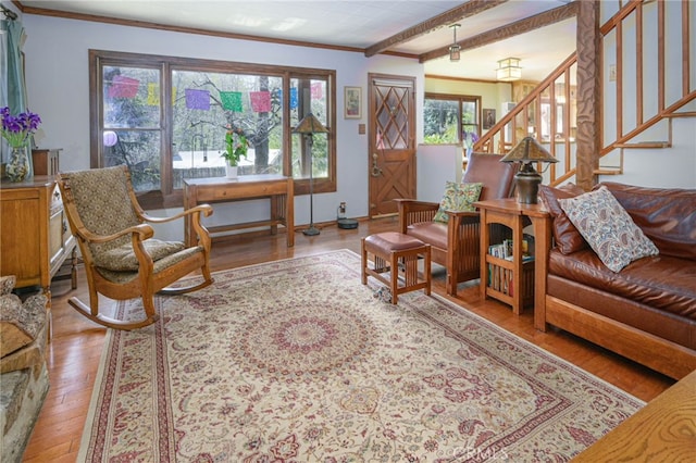 29 Bear Dr, Mt Baldy, CA 91759 - living room with ornamental molding, wood finished floors, beam ceiling, and stairway
