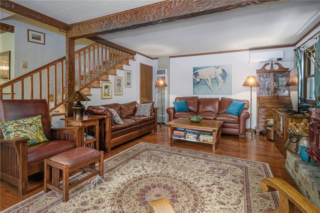 29 Bear Dr, Mt Baldy, CA 91759 - living room with ornamental molding, an AC wall unit, stairway, and wood finished floors