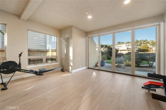 2062 Sherwood Dr, Cambria, CA 93428 - workout room with baseboards, wood finished floors, and recessed lighting