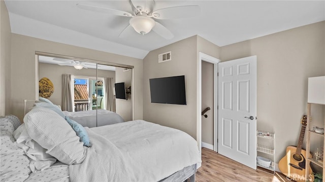10 Via Garceta, Rancho Santa Margarita, CA 92688 - bedroom with visible vents, a closet, baseboards, a ceiling fan, and light wood-style flooring