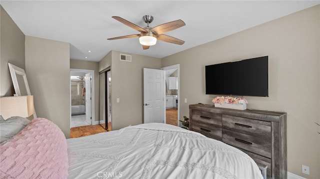 10 Via Garceta, Rancho Santa Margarita, CA 92688 - bedroom with visible vents, baseboards, a ceiling fan, recessed lighting, and connected bathroom