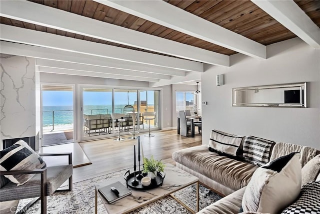2208 The Strand, Manhattan Beach, CA 90266 - living room featuring wood ceiling, wood finished floors, beamed ceiling, and a water view