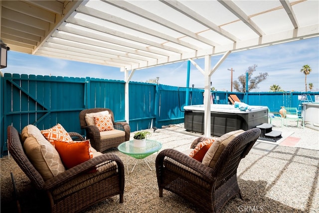 72994 Homestead Dr Unit 29, Palms, CA 92277 - fenced backyard featuring a hot tub, a patio area, and a pergola