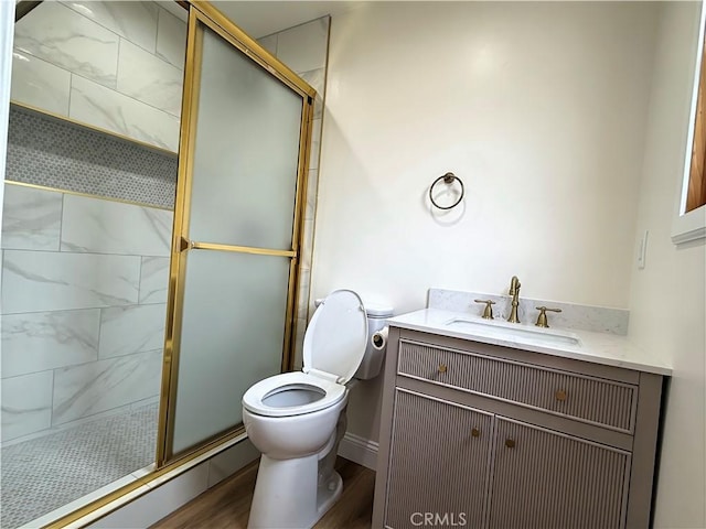 1532 W 22nd St, Los Angeles, CA 90007 - full bath featuring a stall shower, toilet, vanity, and wood finished floors