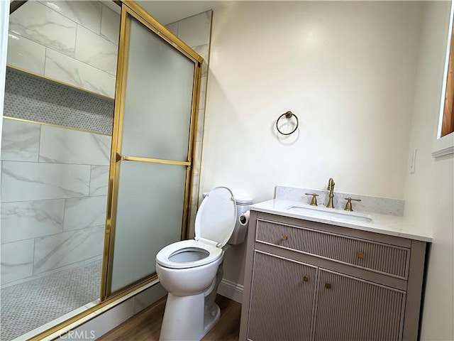 1532 W 22nd St, Los Angeles, CA 90007 - full bath with a shower stall, vanity, and wood finished floors